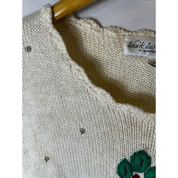 Vintage Work In Progress Ivory Red Floral Christmas Tree 3/4 Sleeve Sweater Sz M - Picture 6 of 13